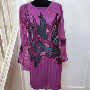 Vibrant Purple Sheer Top Kurti Kaftan with Floral Design